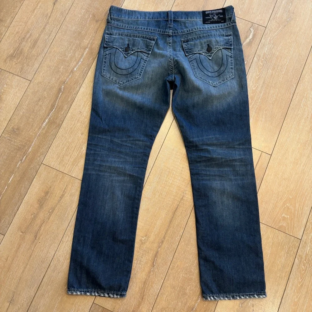 True Religion Geno Mens 38 Distressed Plaid Patch Relaxed Slim Straight Jeans